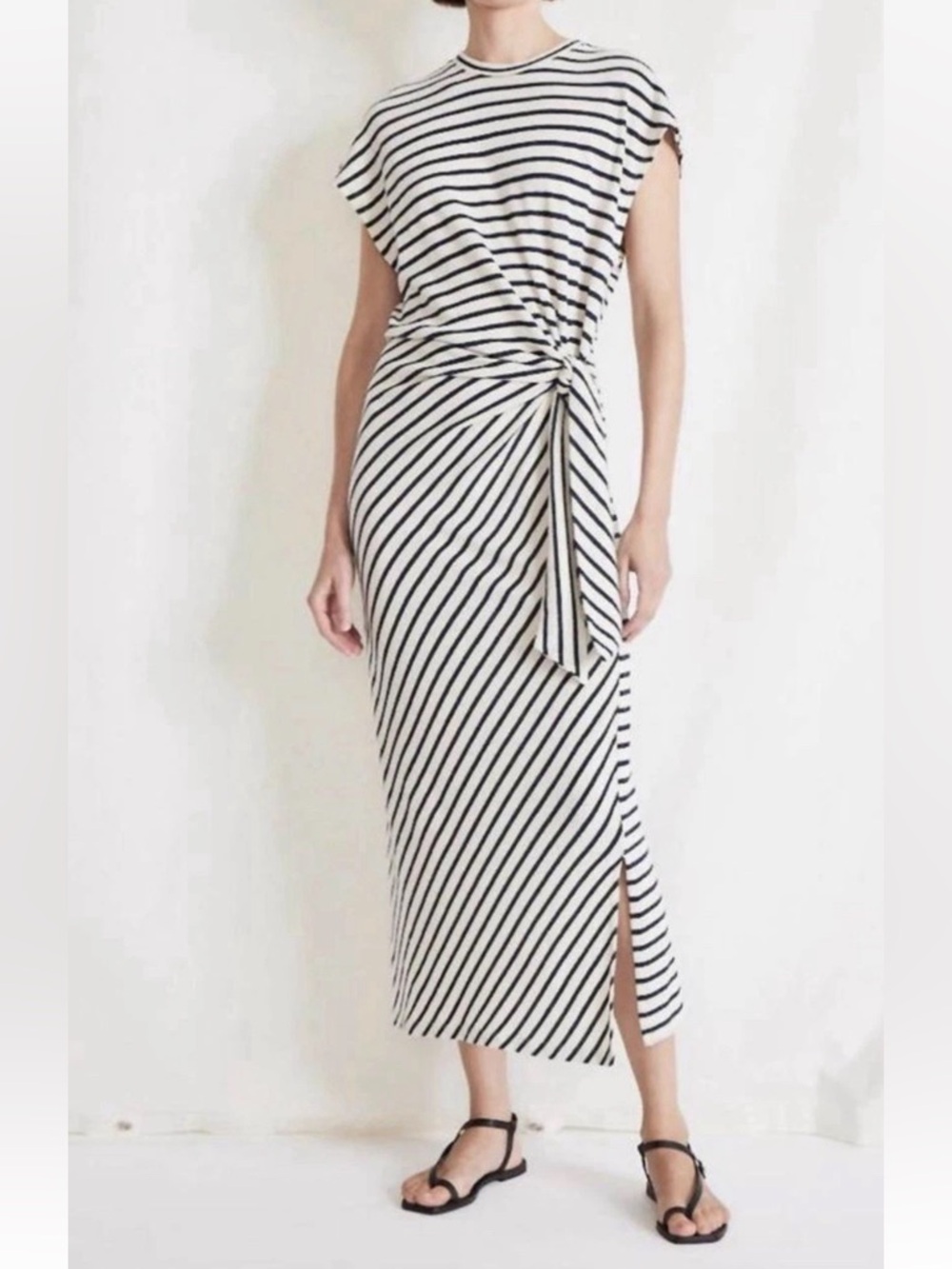 Apiece Apart Dress Women’s Size M Vanina Cinched Tie Cap Sleeve Striped Midi